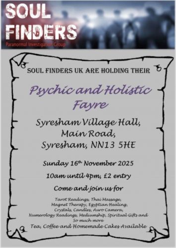 Soulfinders Fair in Syresham Village Hall NN13 5HE - Sunday 16th November 25 - 10am-4pm