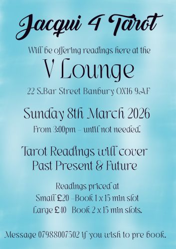 Readings will be available at the V Lounge in Banbury - Sunday 8th March 2026 - from 3.00pm